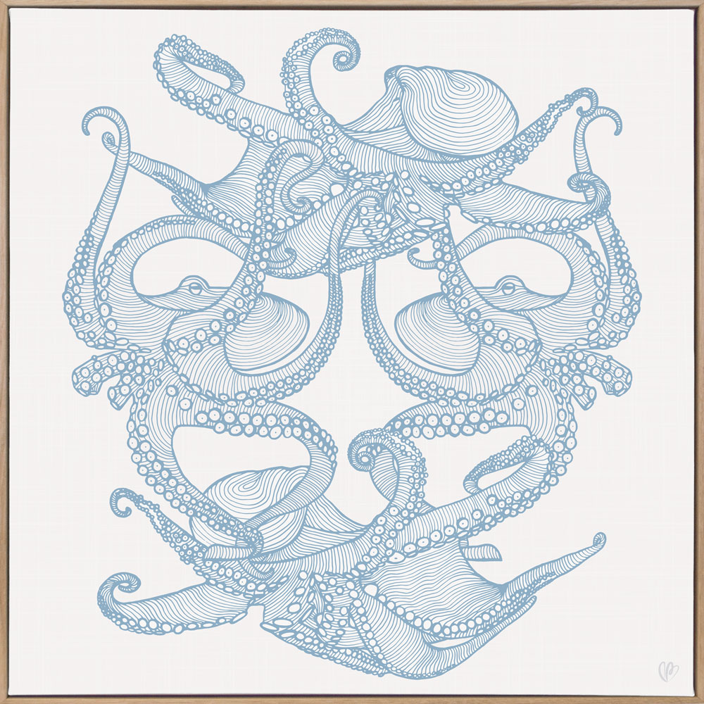 Octopi Tangle - Light Blue - Framed Canvas Warm Timber Frame