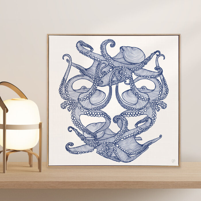 Octopi Tangle - Navy - Framed Canvas Warm Timber Frame Mock-up