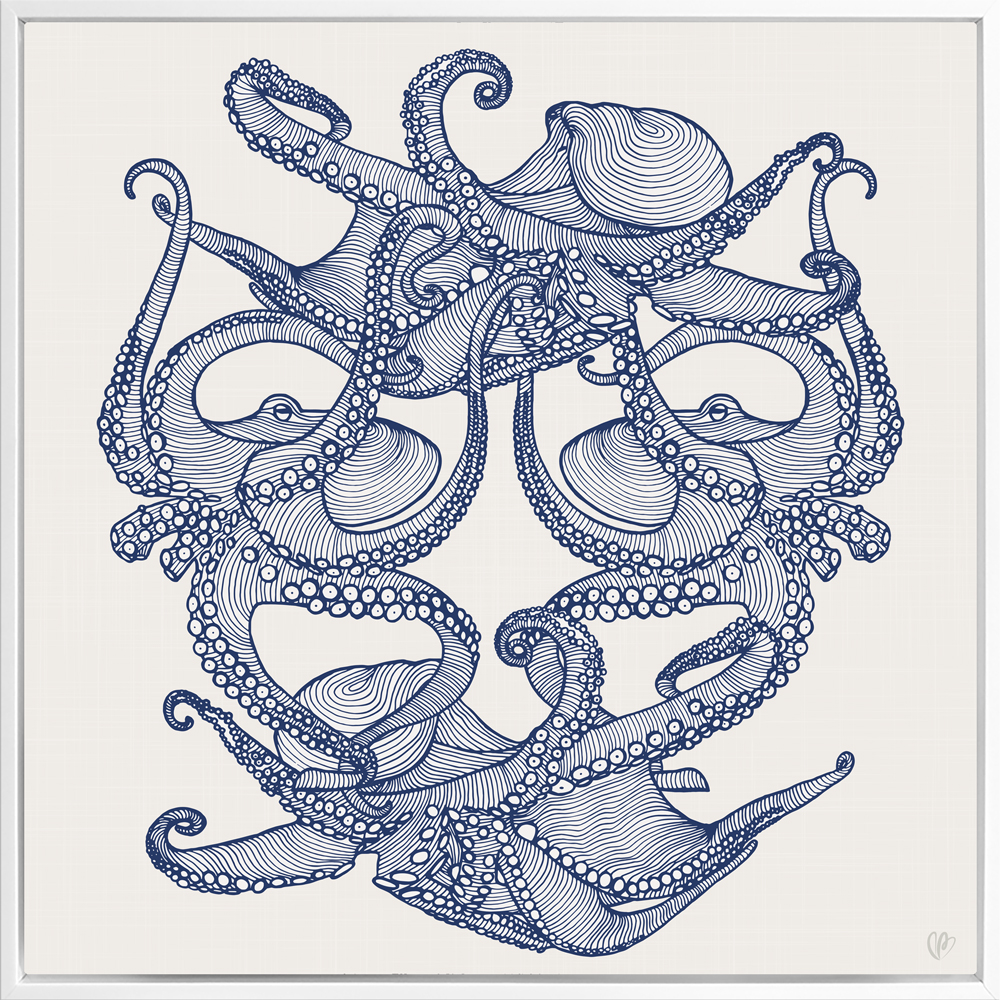 Octopi Tangle - Navy - Framed Canvas White Frame