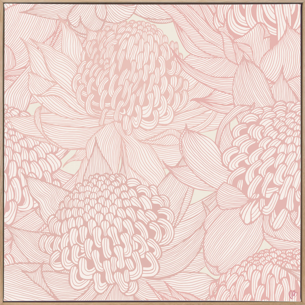 Telopea Bloom - Soft - Framed Canvas Warm Timber Frame